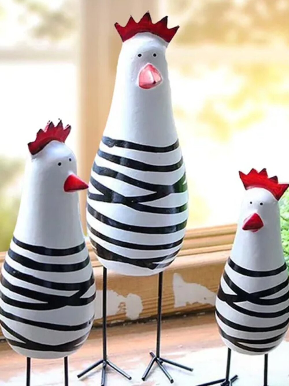 More Chickens! Modern Cottage Hand-Painted Blk & Wht Wire Leg Chicken Figurine